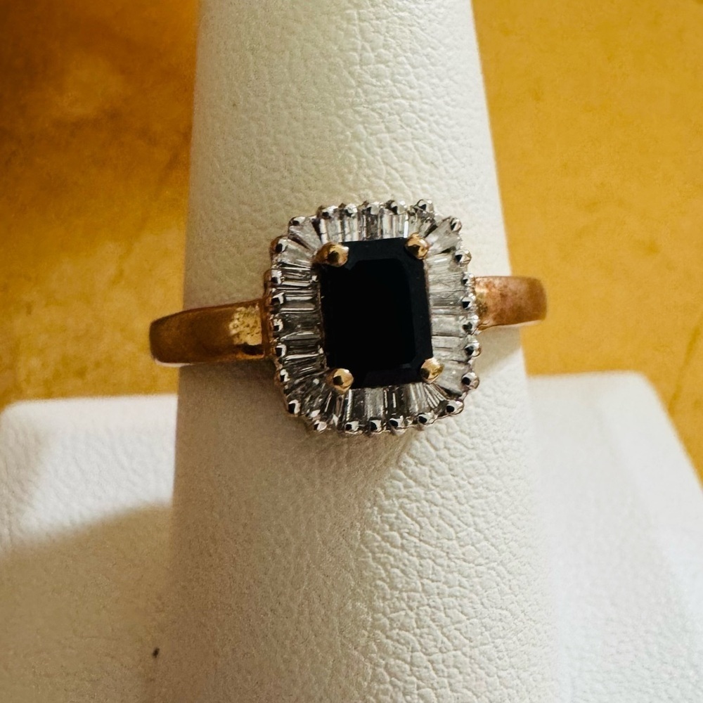 10K Yellow Gold Sapphire Diamond Ring Halo Princess Cut size 9 - Picture 5 of 7